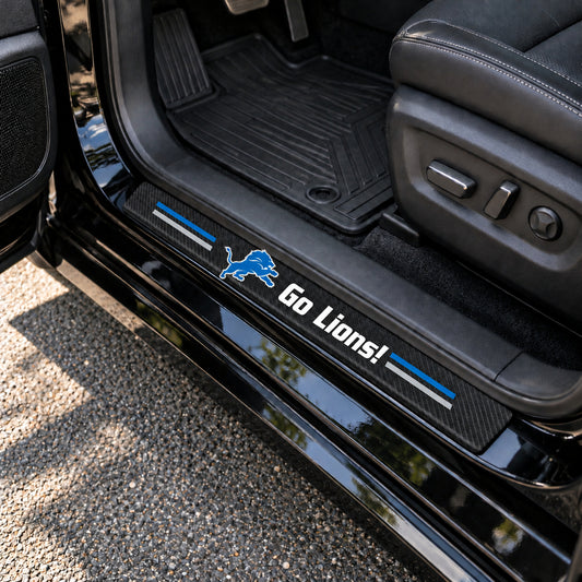 Detroit Lions carbon fiber texture car door sill protector strips installed on a black car