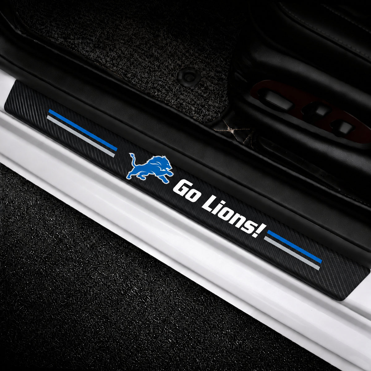 Detroit Lions car door sill protector strips — vehicle installation view
