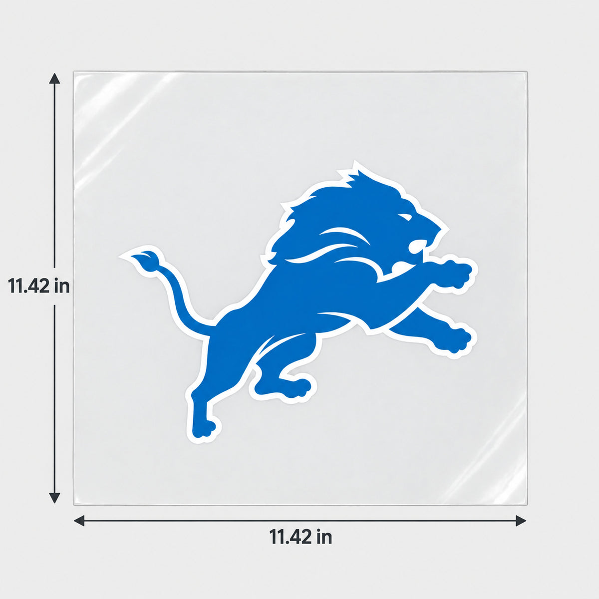 Detroit Lions decorative sticker displayed on clear film with size markings