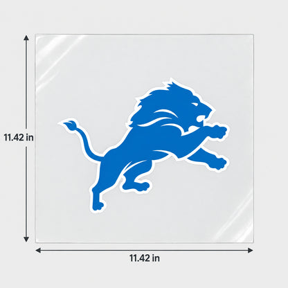 Detroit Lions decorative sticker displayed on clear film with size markings