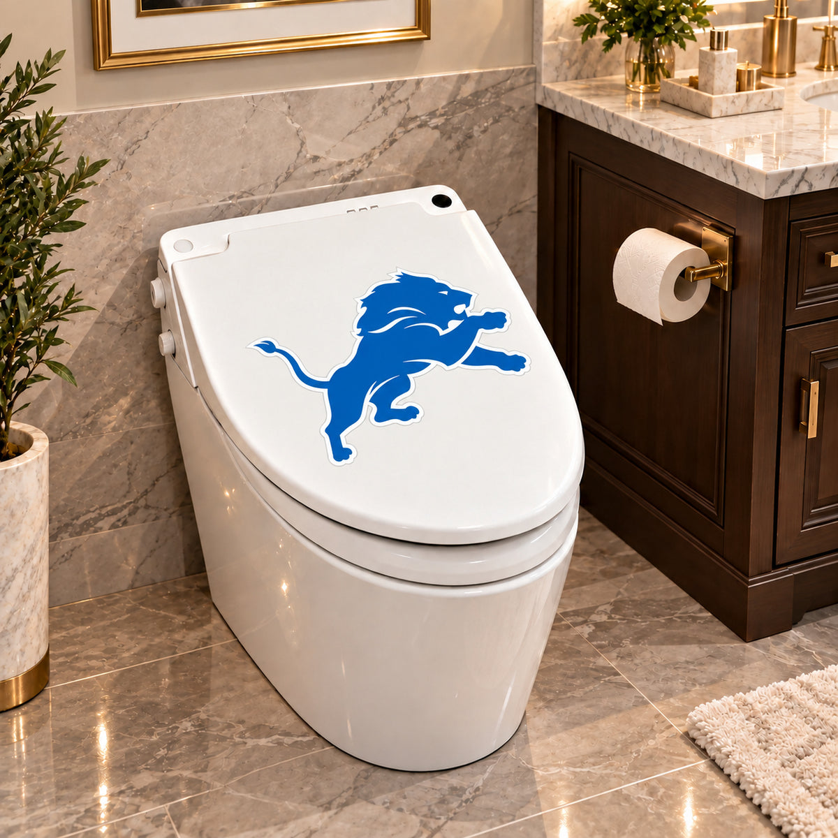 Detroit Lions decorative sticker on a closed white toilet lid in a marble bathroom