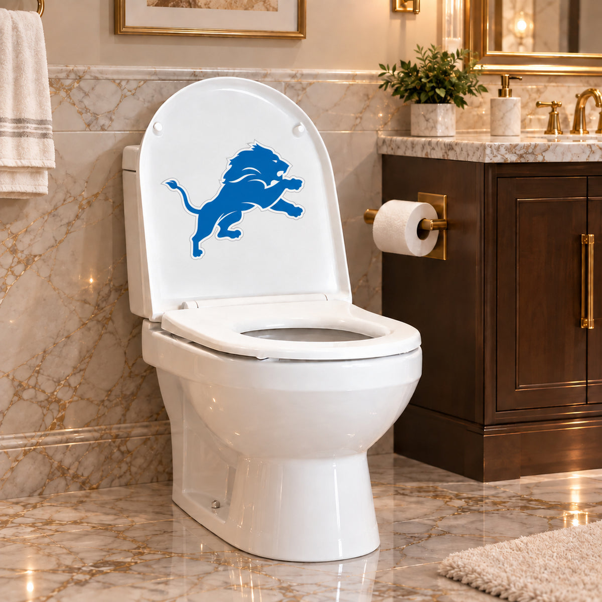 Detroit Lions decorative sticker on the inside of a white toilet lid in a marble bathroom