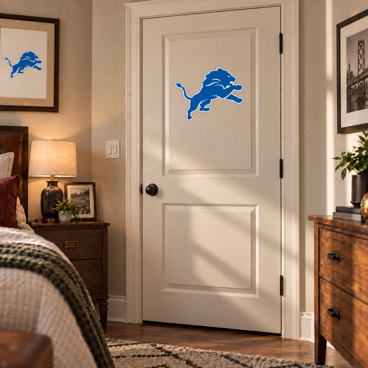 Detroit Lions decorative sticker displayed on an interior door