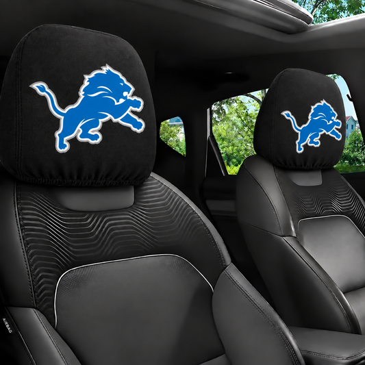 Detroit Lions car headrest cover, Style 1 logo design, installed in car