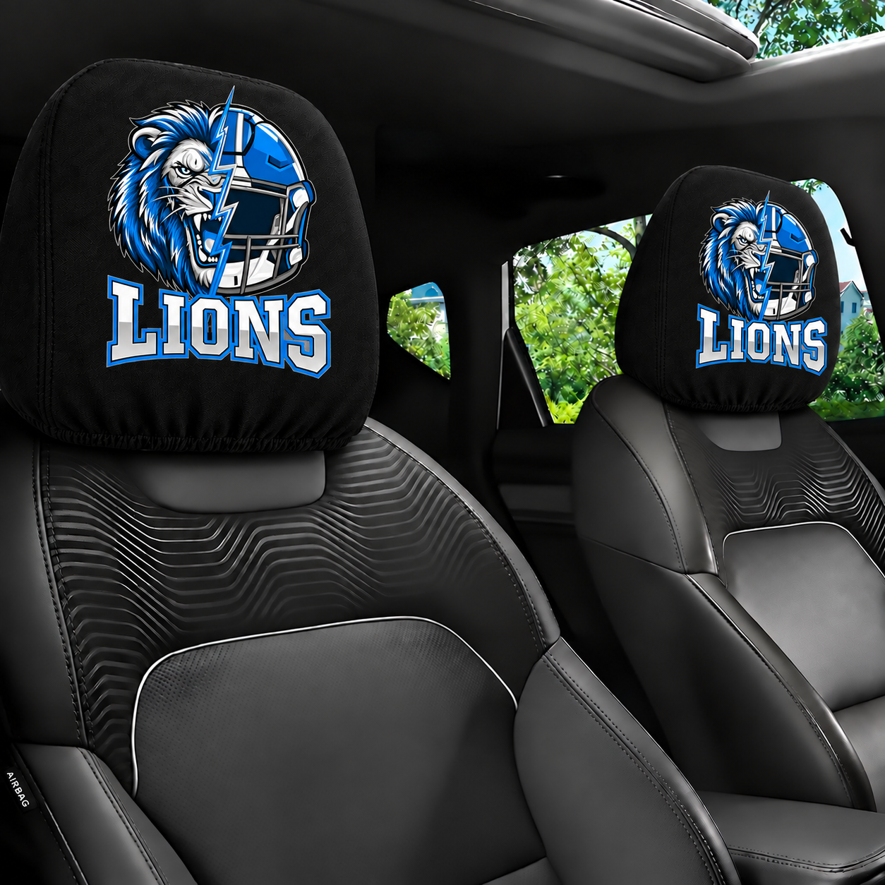 Detroit Lions car headrest cover, Style 2 illustrated mascot design, installed in car