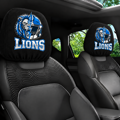 Detroit Lions car headrest cover, Style 2 illustrated mascot design, installed in car