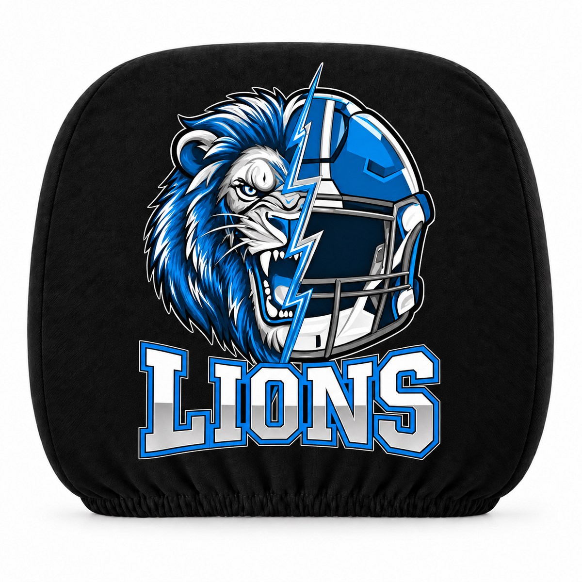 Detroit Lions car headrest cover, Style 2 illustrated mascot design, white background