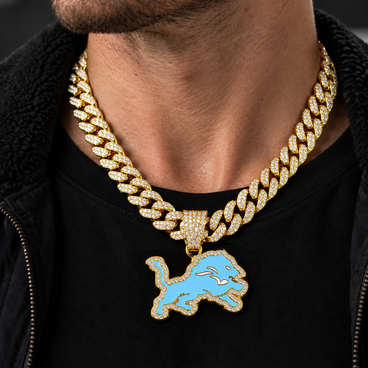 Detroit Lions gold-tone rhinestone Cuban-link necklace, worn view