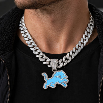 Detroit Lions silver-tone rhinestone Cuban-link necklace, worn view