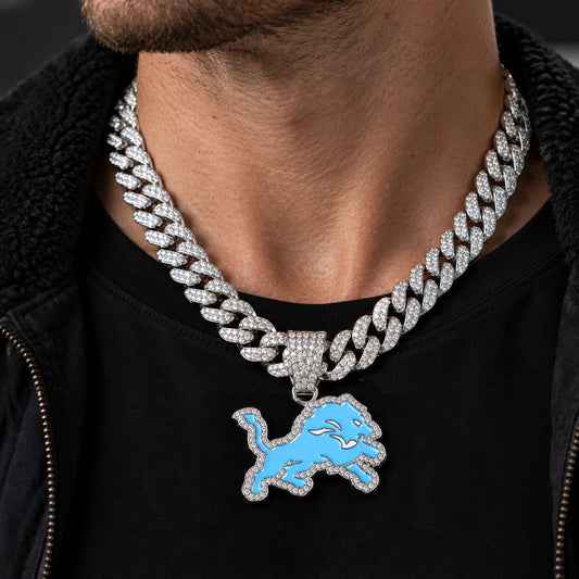 Detroit Lions silver-tone rhinestone Cuban-link necklace, worn view
