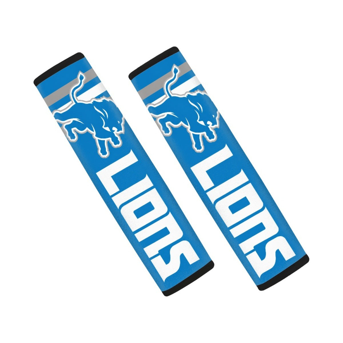 Pair of Detroit Lions seat belt and backpack shoulder strap covers on a white background