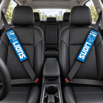 Detroit Lions car seat belt covers shown on two front seat belts