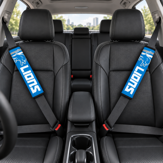Detroit Lions car seat belt covers shown on two front seat belts