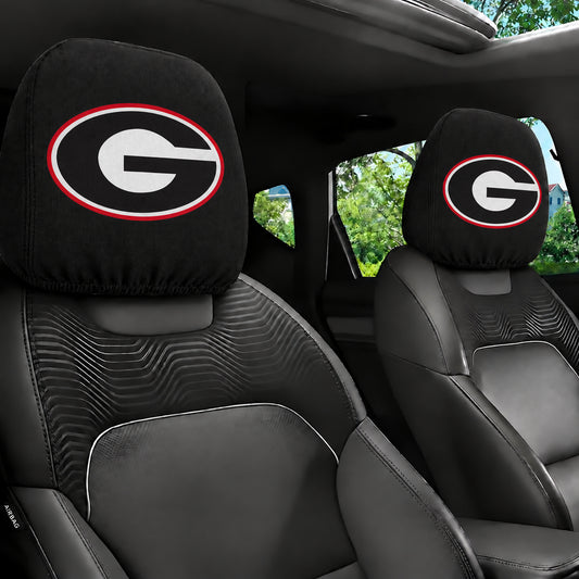 Georgia Bulldogs car headrest cover, Style 1 team design, installed in car