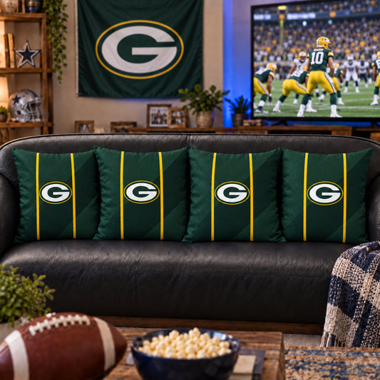 Matching Green Bay Packers sofa cushion covers shown in a living-room styling example