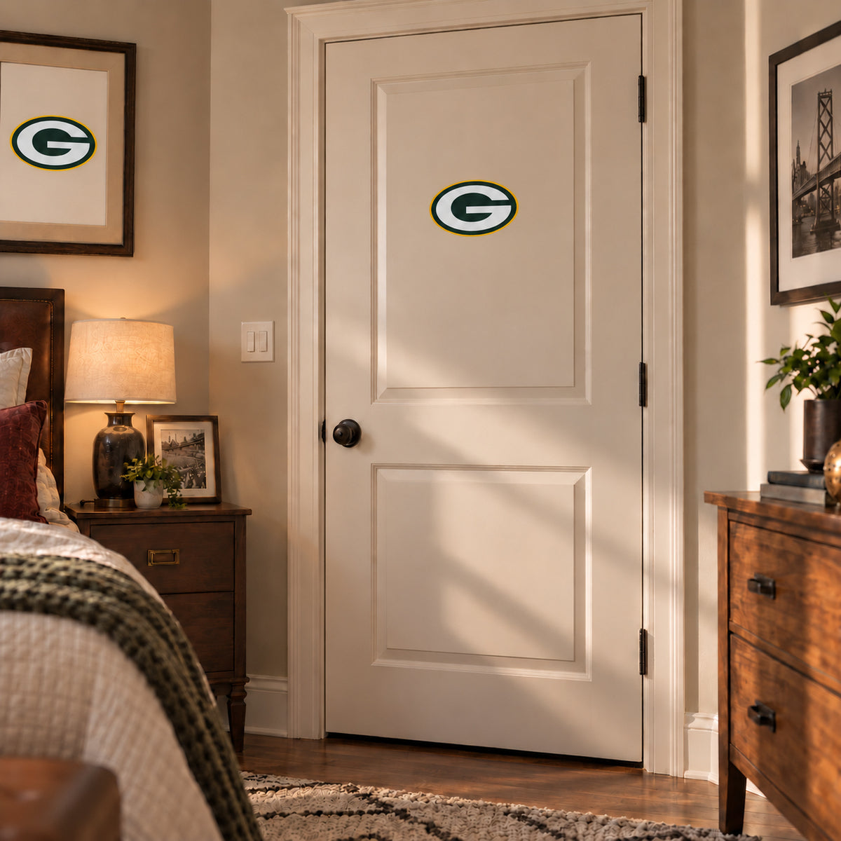 Green Bay Packers decorative sticker on an interior door, corrected 29 cm proportion