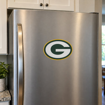 Green Bay Packers decorative sticker displayed on a stainless-steel refrigerator