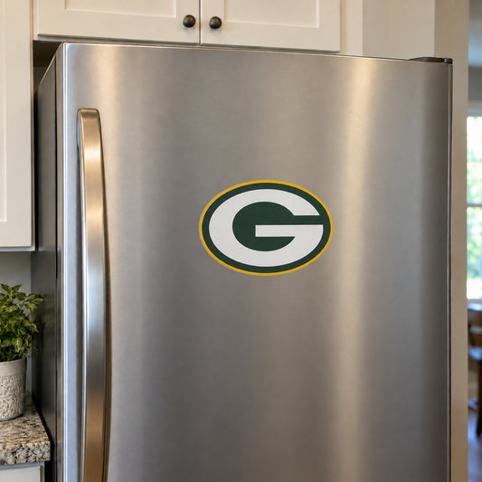 Green Bay Packers decorative sticker displayed on a stainless-steel refrigerator