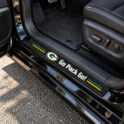 Green Bay Packers carbon fiber texture car door sill protector strips installed on a black car
