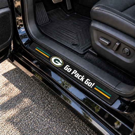 Green Bay Packers carbon fiber texture car door sill protector strips installed on a black car