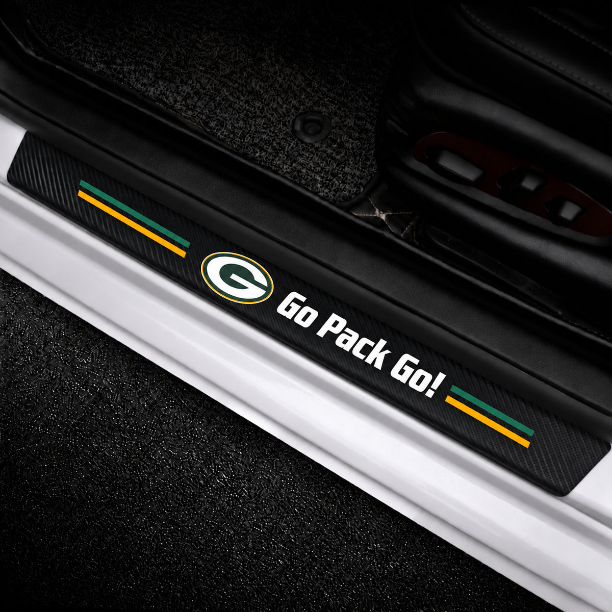 Green Bay Packers car door sill protector strips — vehicle installation view