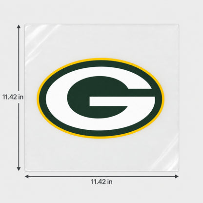 Green Bay Packers decorative sticker displayed on clear film with size markings