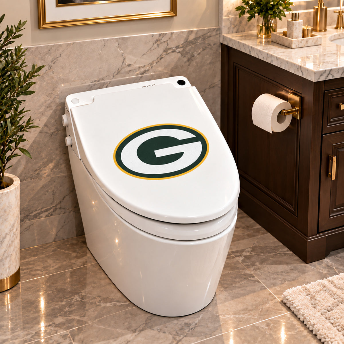 Green Bay Packers decorative sticker on a closed white toilet lid in a marble bathroom
