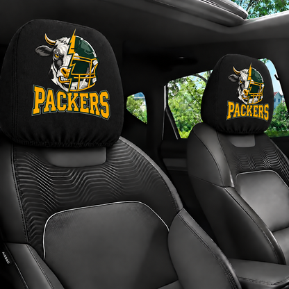 Green Bay Packers car headrest cover, Style 2 illustrated mascot design, installed in car