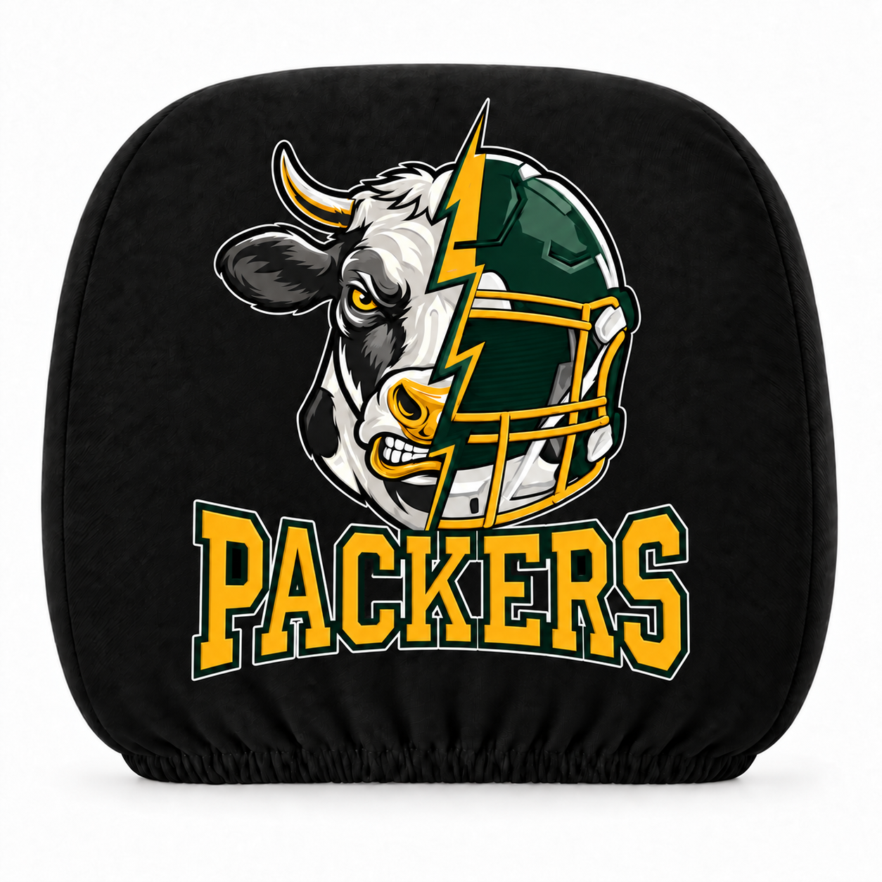 Green Bay Packers car headrest cover, Style 2 illustrated mascot design, white background