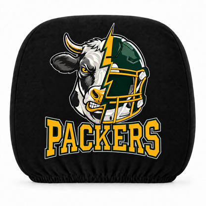 Green Bay Packers car headrest cover, Style 2 illustrated mascot design, white background