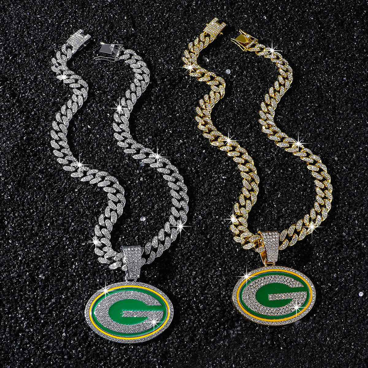 Green Bay Packers necklace two-color set: one silver-tone and one gold-tone necklace