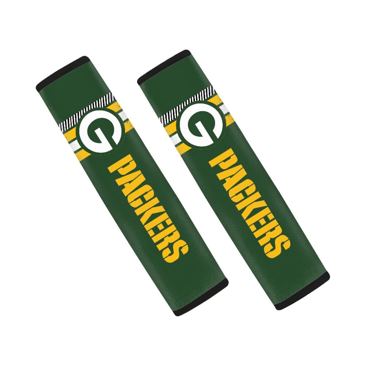 Pair of Green Bay Packers seat belt and backpack shoulder strap covers on a white background
