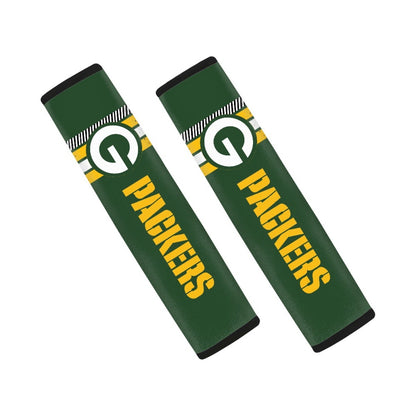 Pair of Green Bay Packers seat belt and backpack shoulder strap covers on a white background