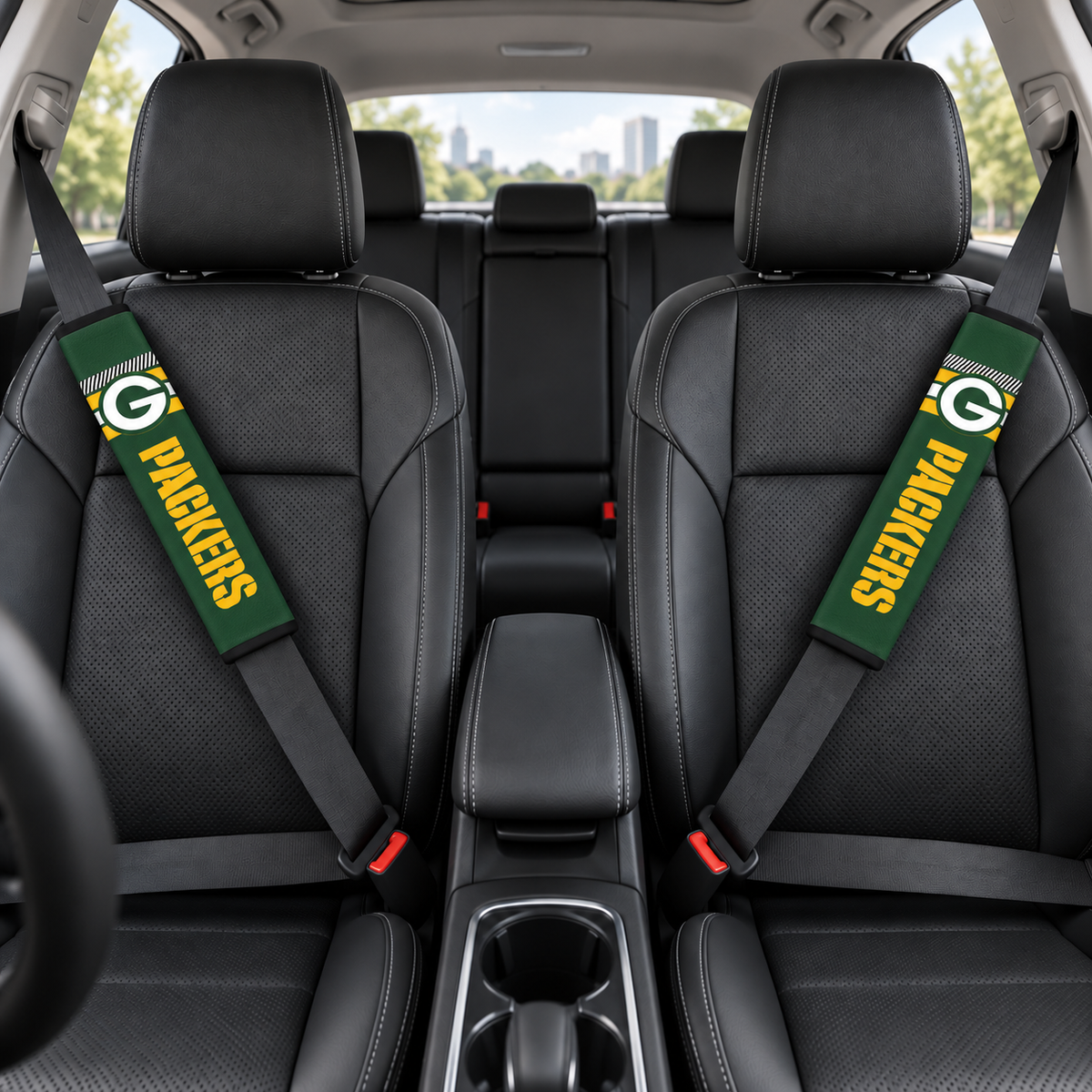 Green Bay Packers car seat belt covers shown on two front seat belts