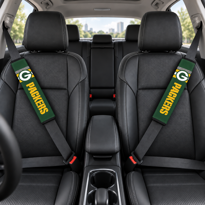 Green Bay Packers car seat belt covers shown on two front seat belts