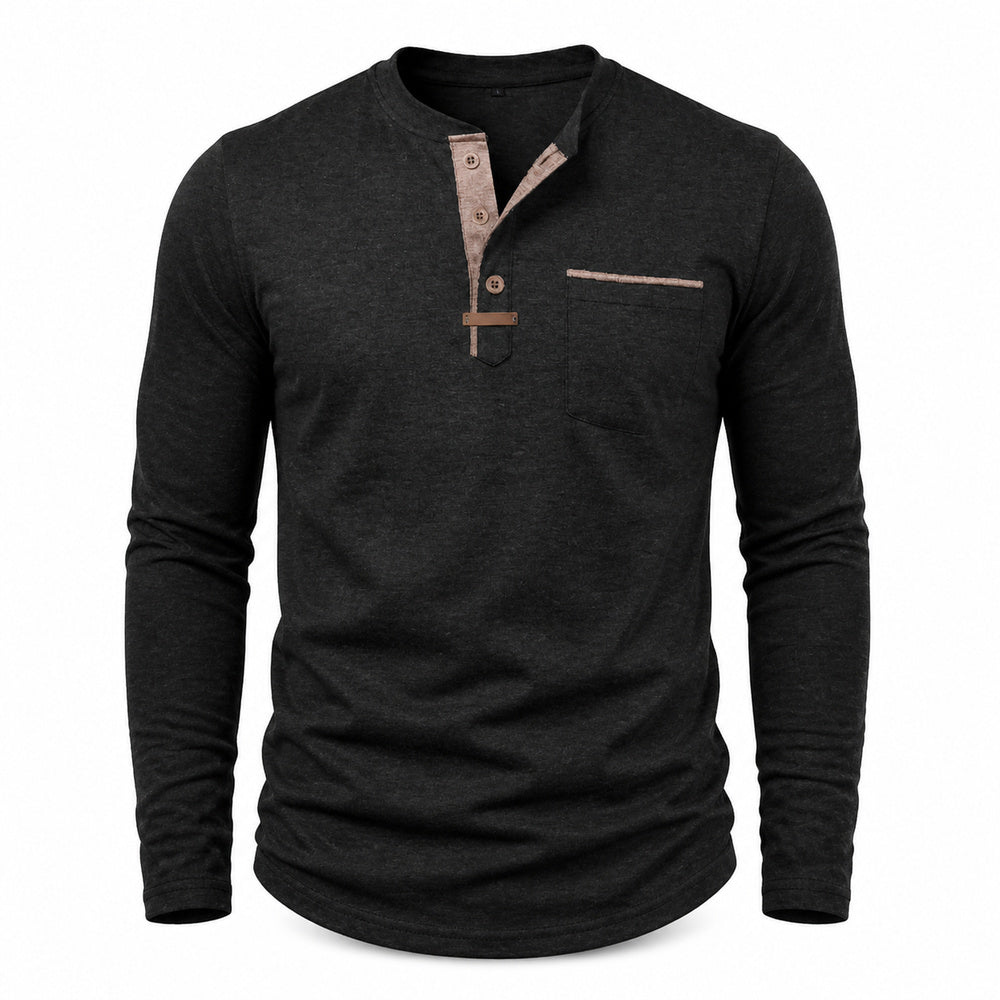 Harbor men's contrast-trim long-sleeve Henley shirt in Black, model-free front view on white