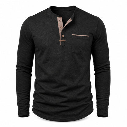 Harbor men's contrast-trim long-sleeve Henley shirt in Black, model-free front view on white