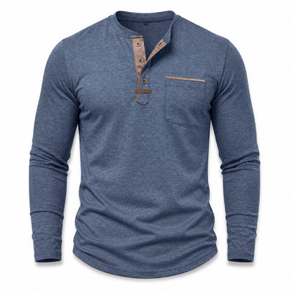 Harbor men's contrast-trim long-sleeve Henley shirt in Blue, model-free front view on white