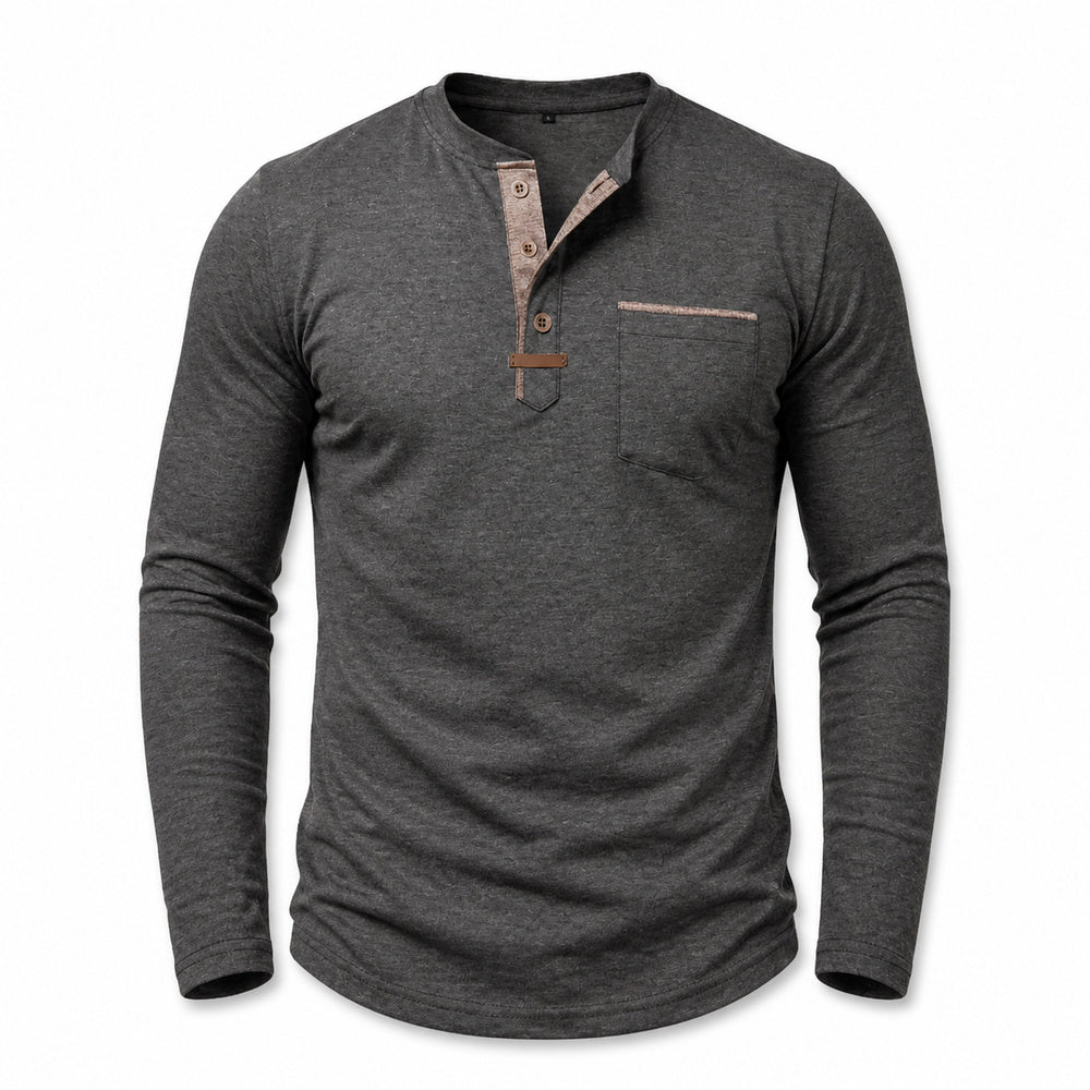 Harbor men's contrast-trim long-sleeve Henley shirt in Dark Gray, model-free front view on white
