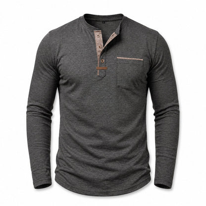 Harbor men's contrast-trim long-sleeve Henley shirt in Dark Gray, model-free front view on white