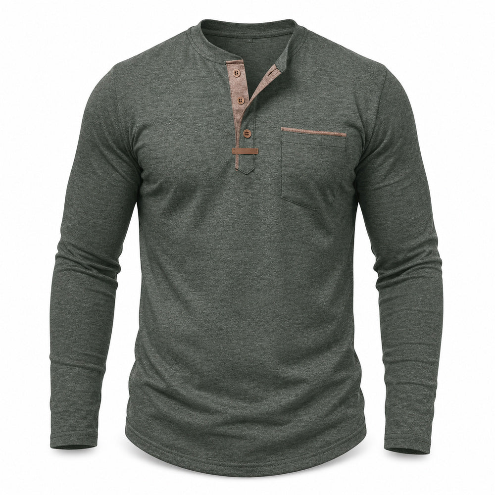 Harbor men's contrast-trim long-sleeve Henley shirt in Green, model-free front view on white