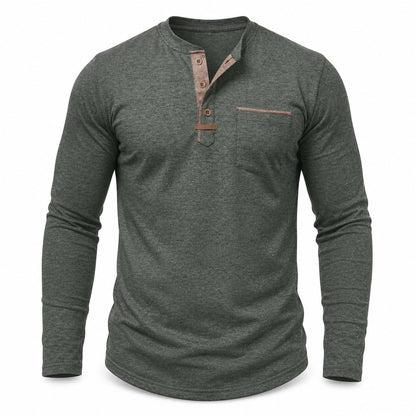 Harbor men's contrast-trim long-sleeve Henley shirt in Green, model-free front view on white