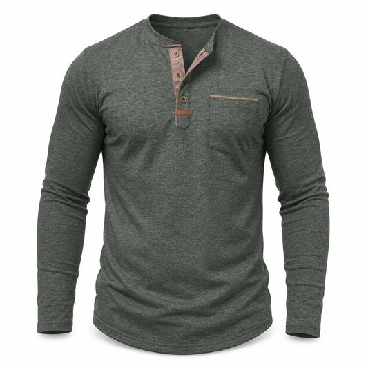 Harbor men's contrast-trim long-sleeve Henley shirt in Green, model-free front view on white