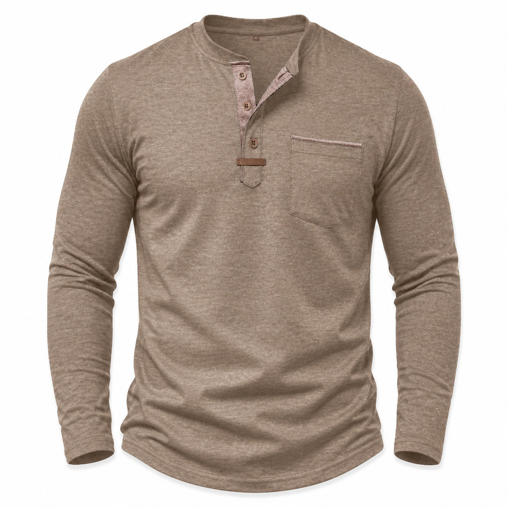 Harbor men's contrast-trim long-sleeve Henley shirt in Khaki, model-free front view on white