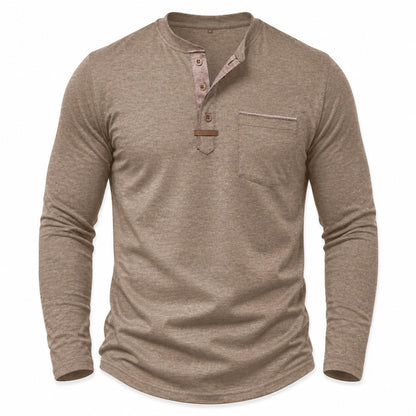 Harbor men's contrast-trim long-sleeve Henley shirt in Khaki, model-free front view on white
