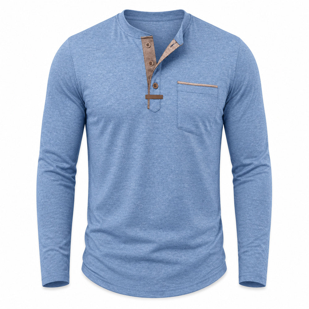 Harbor men's contrast-trim long-sleeve Henley shirt in Light Blue, model-free front view on white