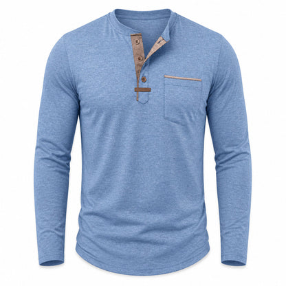 Harbor men's contrast-trim long-sleeve Henley shirt in Light Blue, model-free front view on white