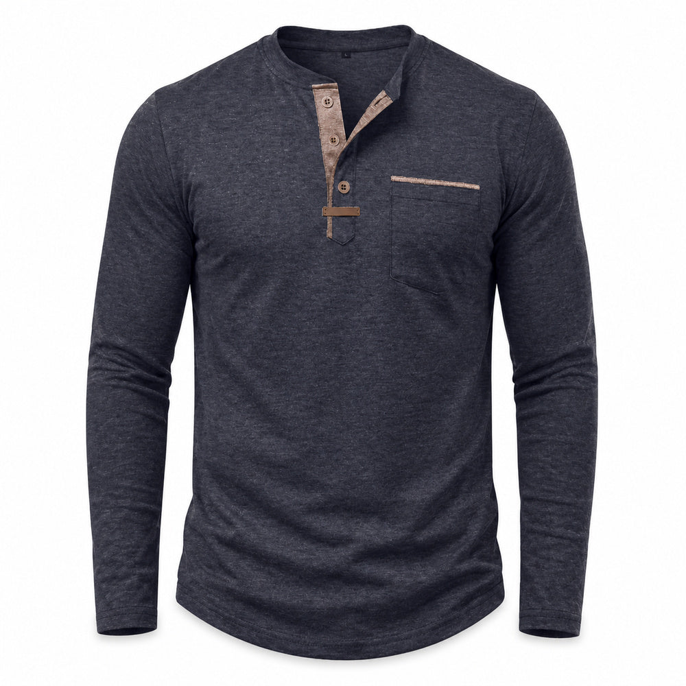 Harbor men's contrast-trim long-sleeve Henley shirt in Navy, model-free front view on white