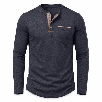 Harbor men's contrast-trim long-sleeve Henley shirt in Navy, model-free front view on white