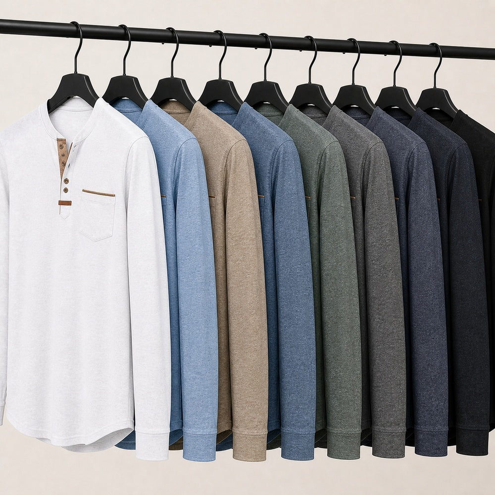 Harbor long-sleeve Henley shirt color lineup in eight colors, full-canvas view